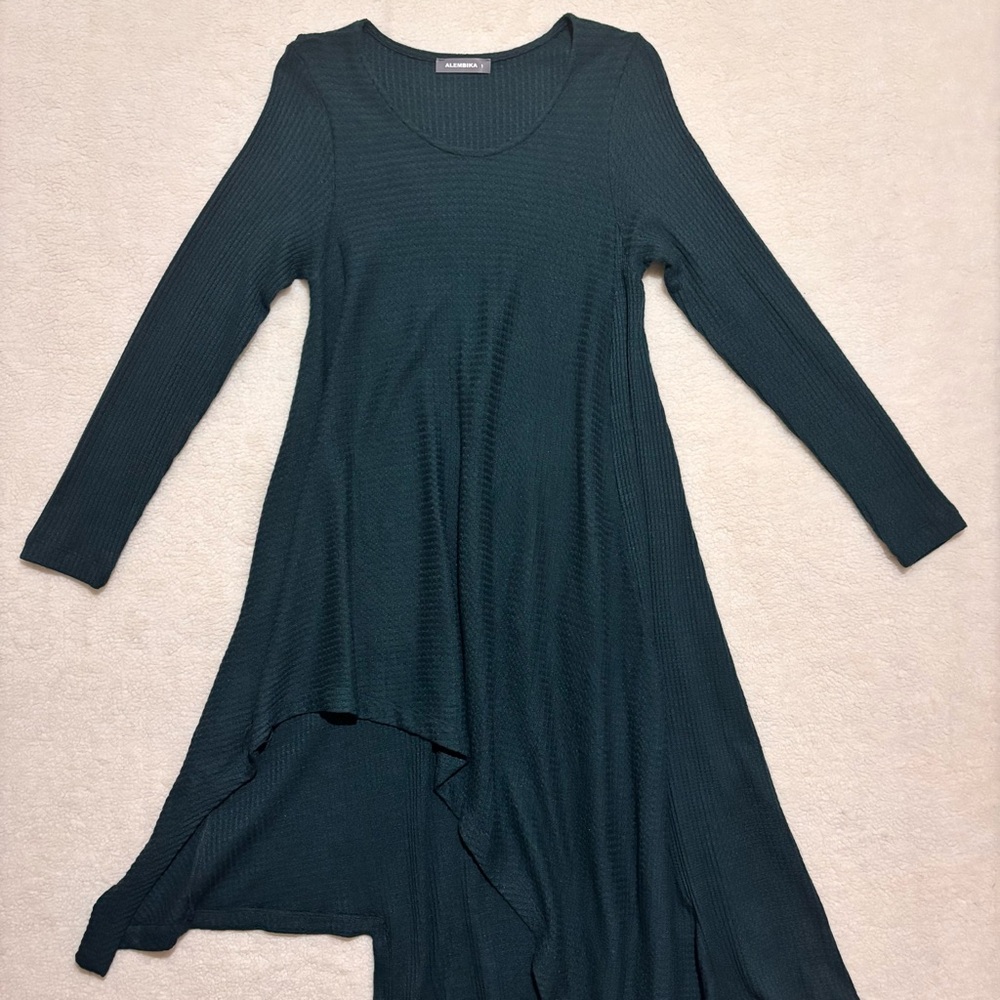Alembika Womens 1 (US 4-6) Asymmetrical Hem Waffle Lagenlook Swing Dress Green